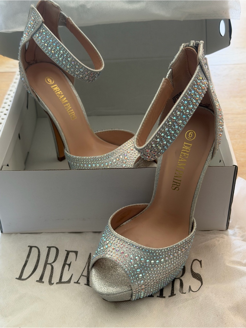 Dream Pairs Iridescent Crystal Peep-Toe Ankle Strap Heels